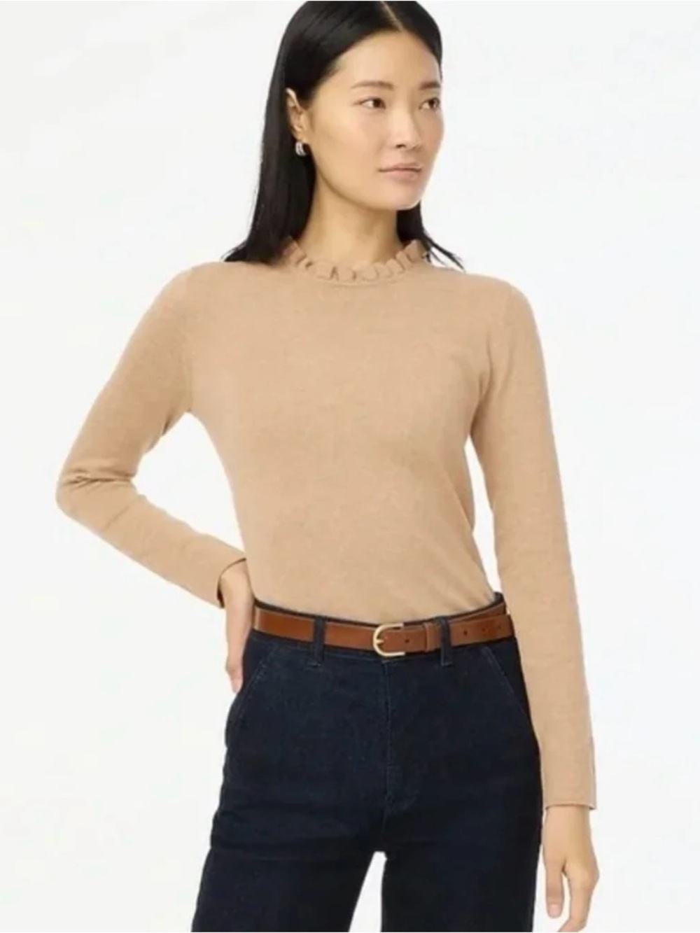 J. Crew Camel Ruffle Crewneck Long-Sleeve Sweater
